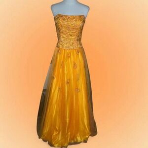 vintage gold beaded strapless maxi dress fairy prom gown